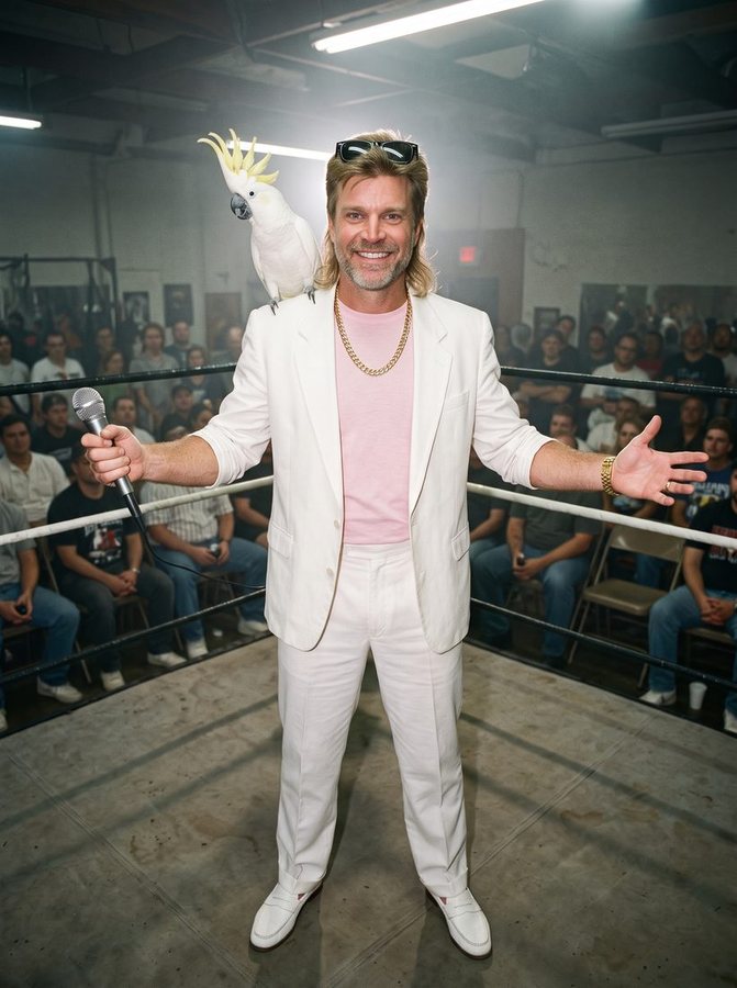 Commissioner Manny Mayhem in a white suit with Mr. Feathers the cockatoo on his shoulder