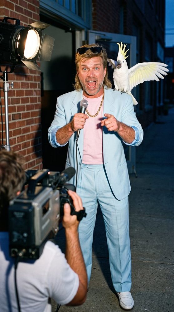 Manny Mayhem in a baby-blue suit yelling into a microphone and pointing at a cameraman with a shoulder video camera, Mr. Feathers on his shoulder